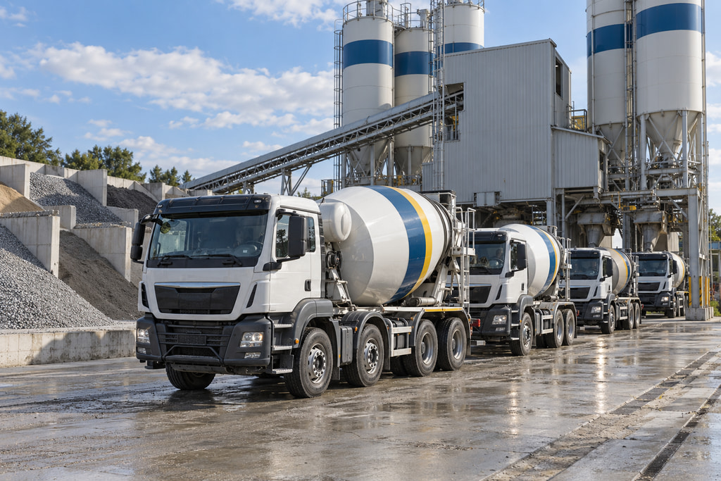Flota betonowozów przy wytwórni obsługująca firmy