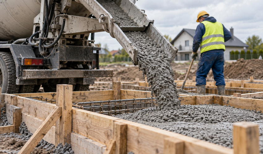 Podawanie betonu rynną do szalunku